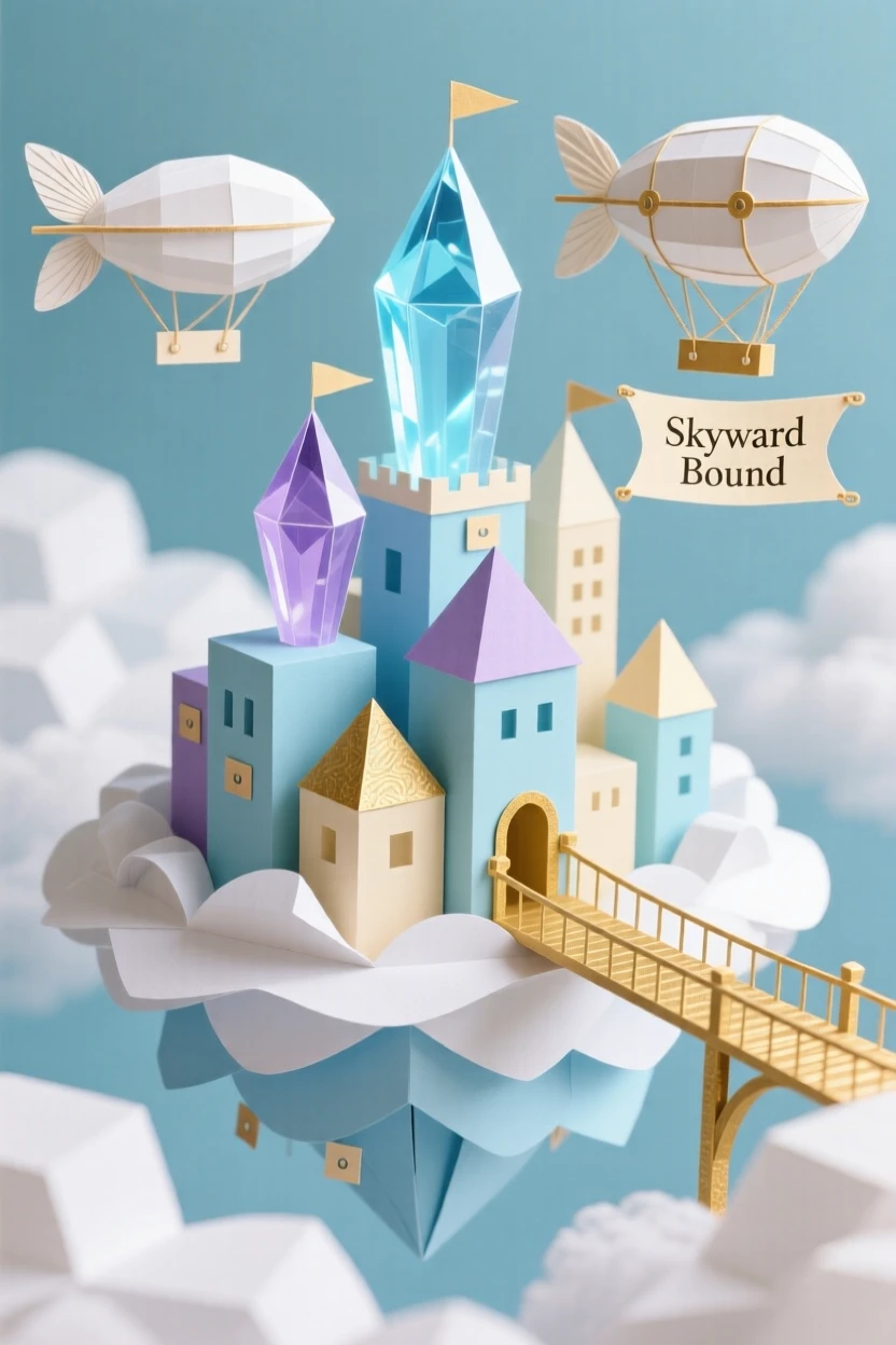 A floating city built among the clouds, connected by golden bridges and powered by glowing crystal towers, airships drifting between the structures, capturing imaginative wonder.