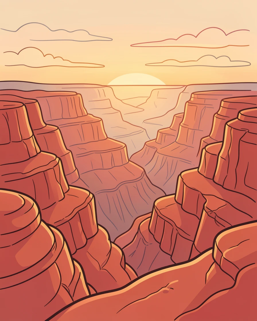 A canyon overlook at sunset with layered red rock formations glowing warmly.
