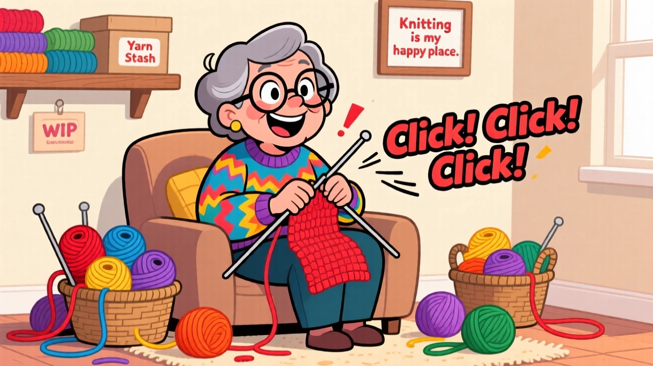 An everyday-life snapshot of a passionate knitter surrounded by colorful yarn, needles clicking rhythmically.