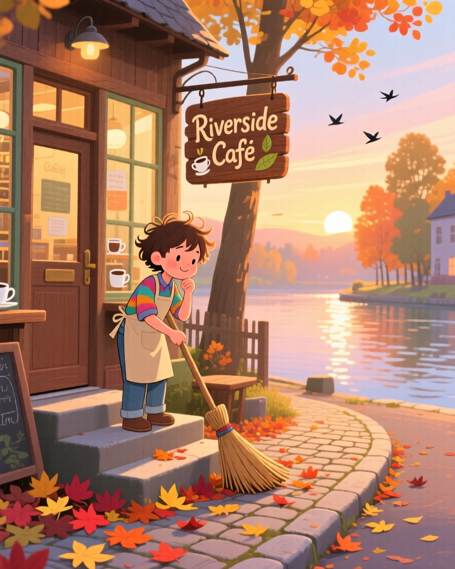 A young shopkeeper pauses while sweeping the front steps at sunrise in a riverside café, as autumn leaves collect along the curb.