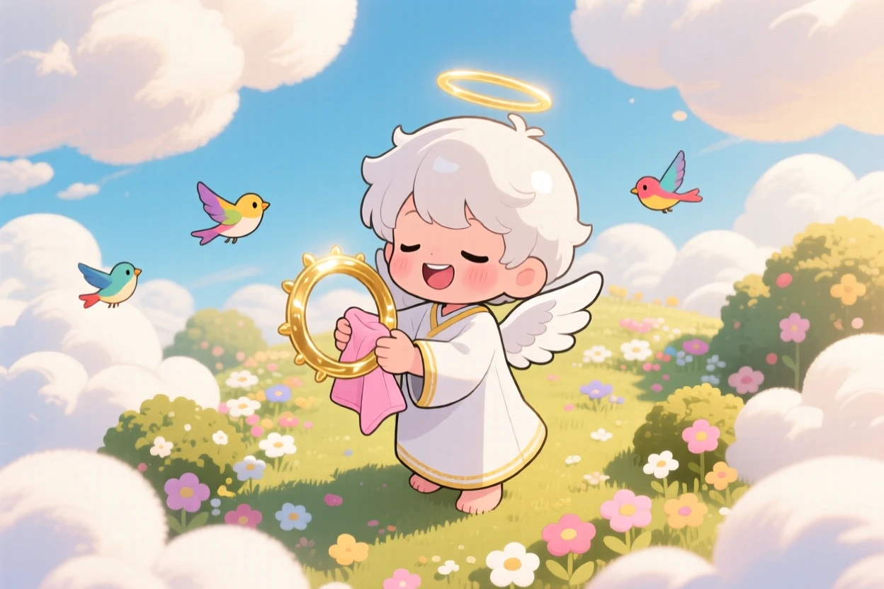 A young angel polishing a halo with a soft cloth in a cloud-top garden beneath fluffy drifting clouds; soft golden-hour sunlight washes over the scene as giggling amusement fills the moment. Bird's-eye view.
