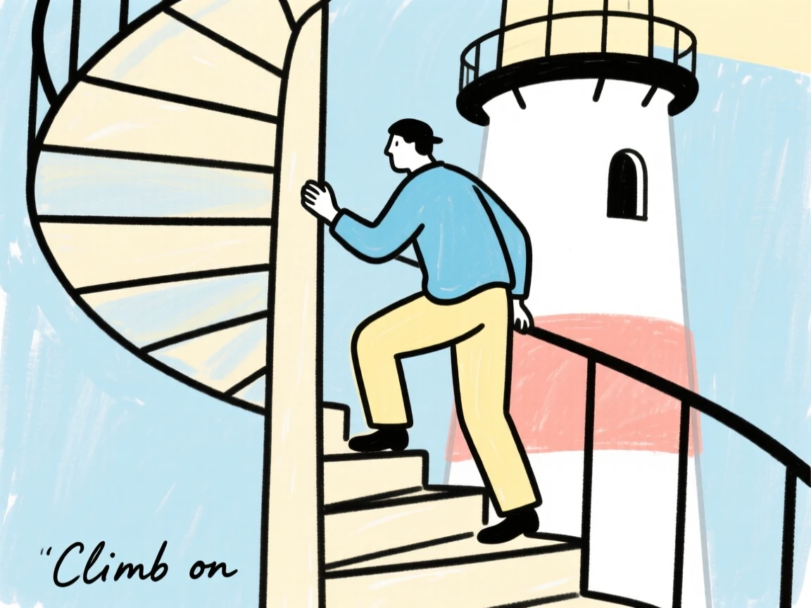 A lighthouse keeper climbing spiral stairs