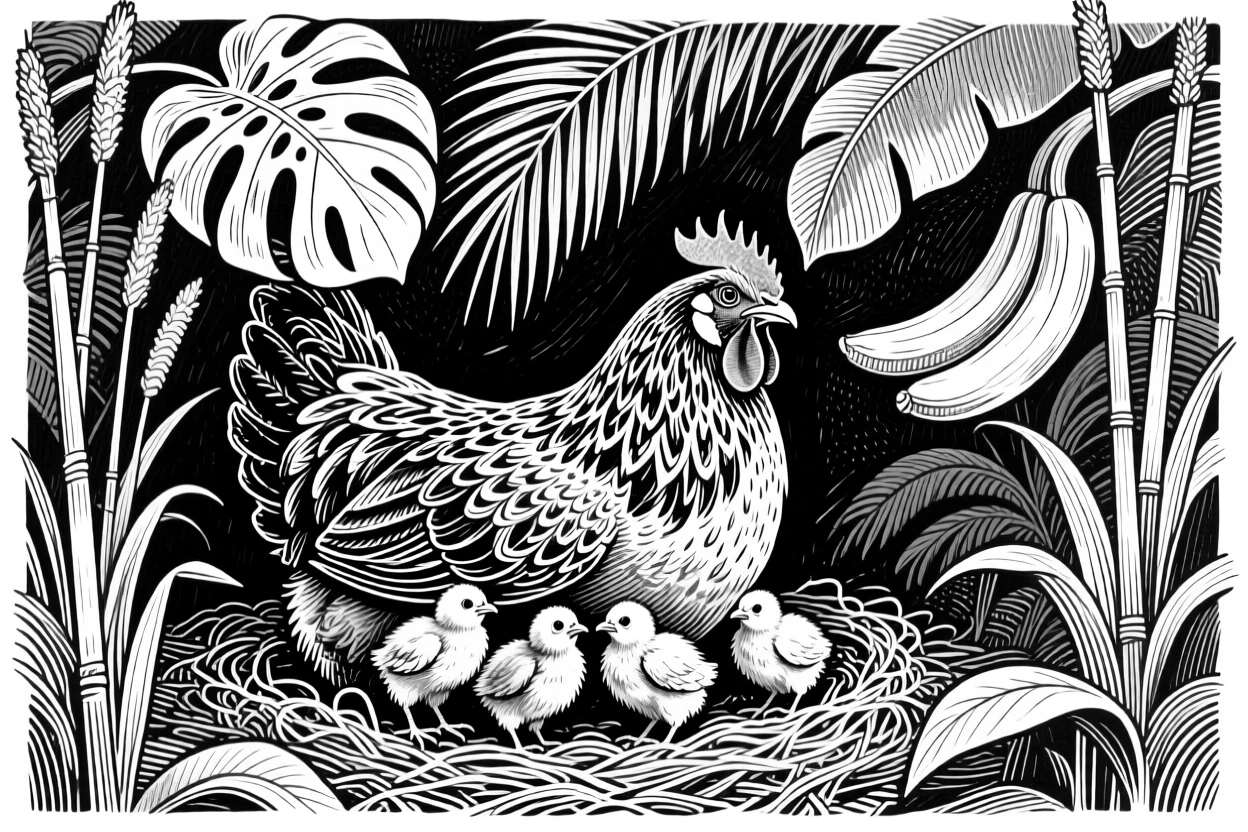 A nesting hen with chicks beneath a canopy of tropical leaves, framed by tall reeds, capturing a fierce yet graceful moment in nature with a strong, centered focal point.
