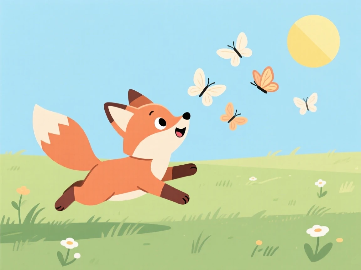 A playful baby fox chasing butterflies in a sunny meadow.