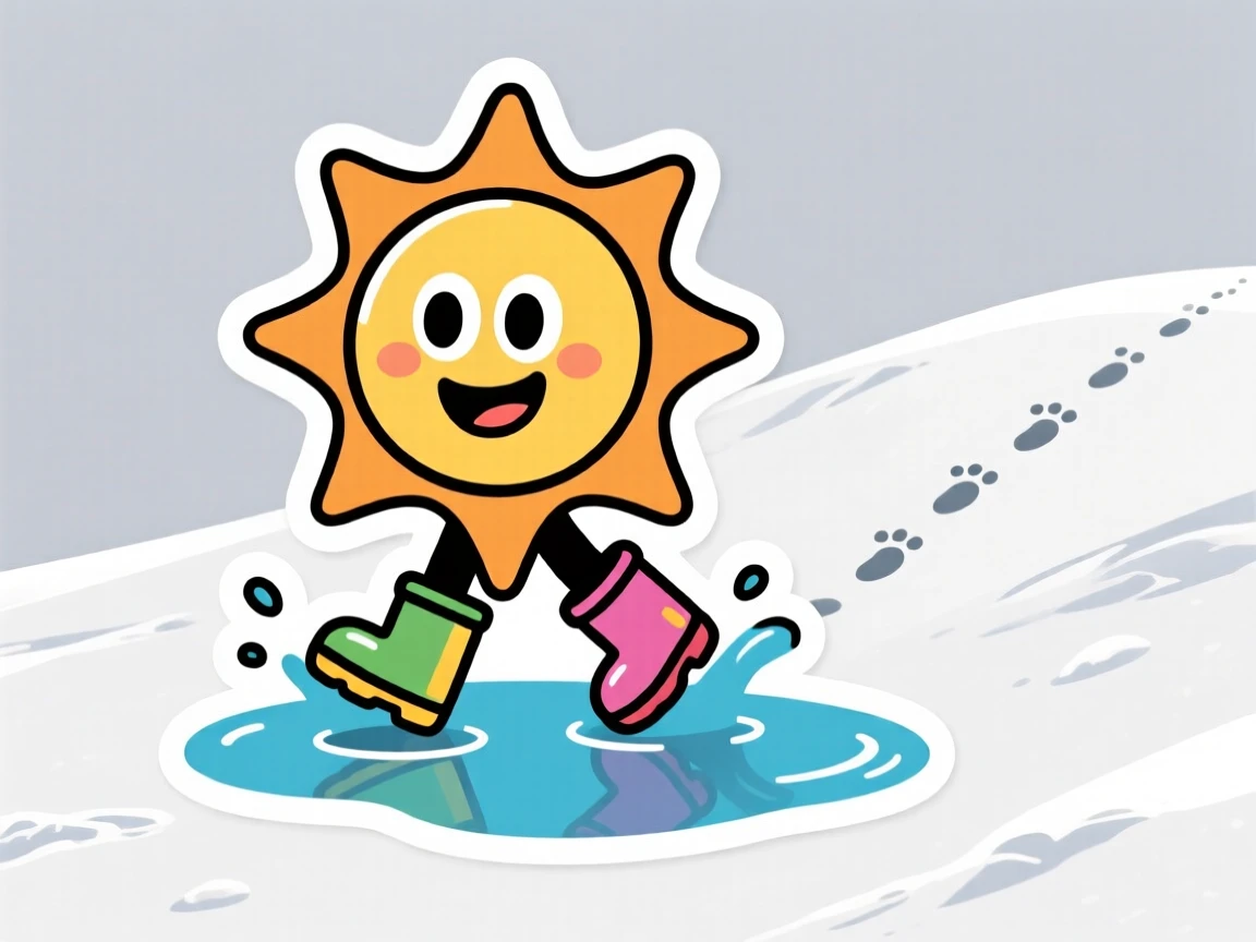 A wide-eyed cheerful sun mascot splashing in a puddle wearing tiny boots, on a snowy hill with tiny footprints trailing behind.