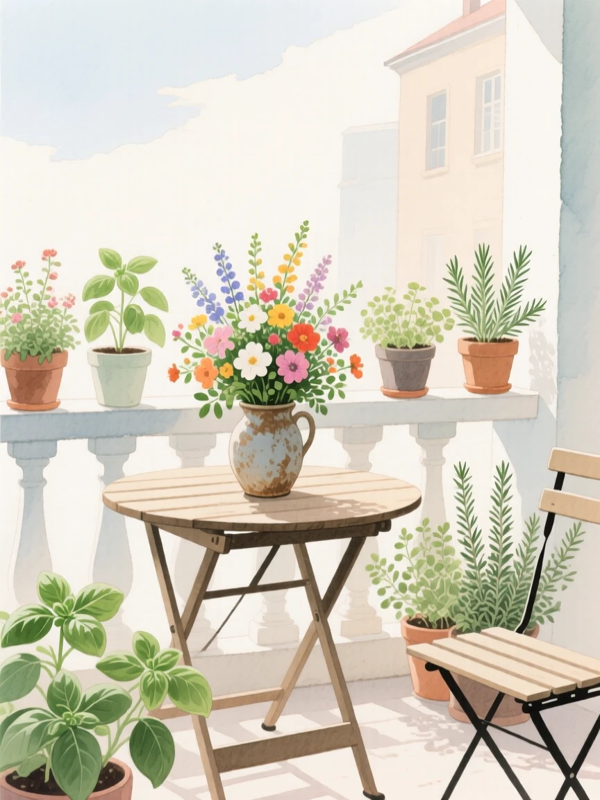 A charming view of a flower-filled balcony, with fresh flowers arranged on the table, featuring a row of potted herbs on the sill