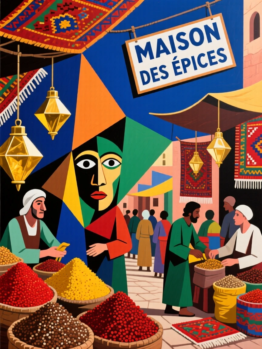 A busy Moroccan souk filled with woven rugs, brass lamps, and spices.