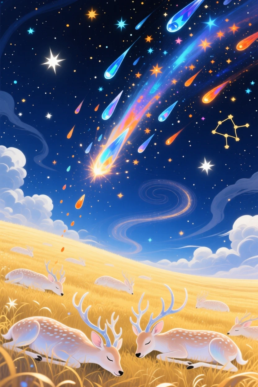 A meteor shower raining gently over a field of sleeping deer drifts slowly through an endless field of stars, as clouds part gently to reveal deeper layers of stars beyond.
