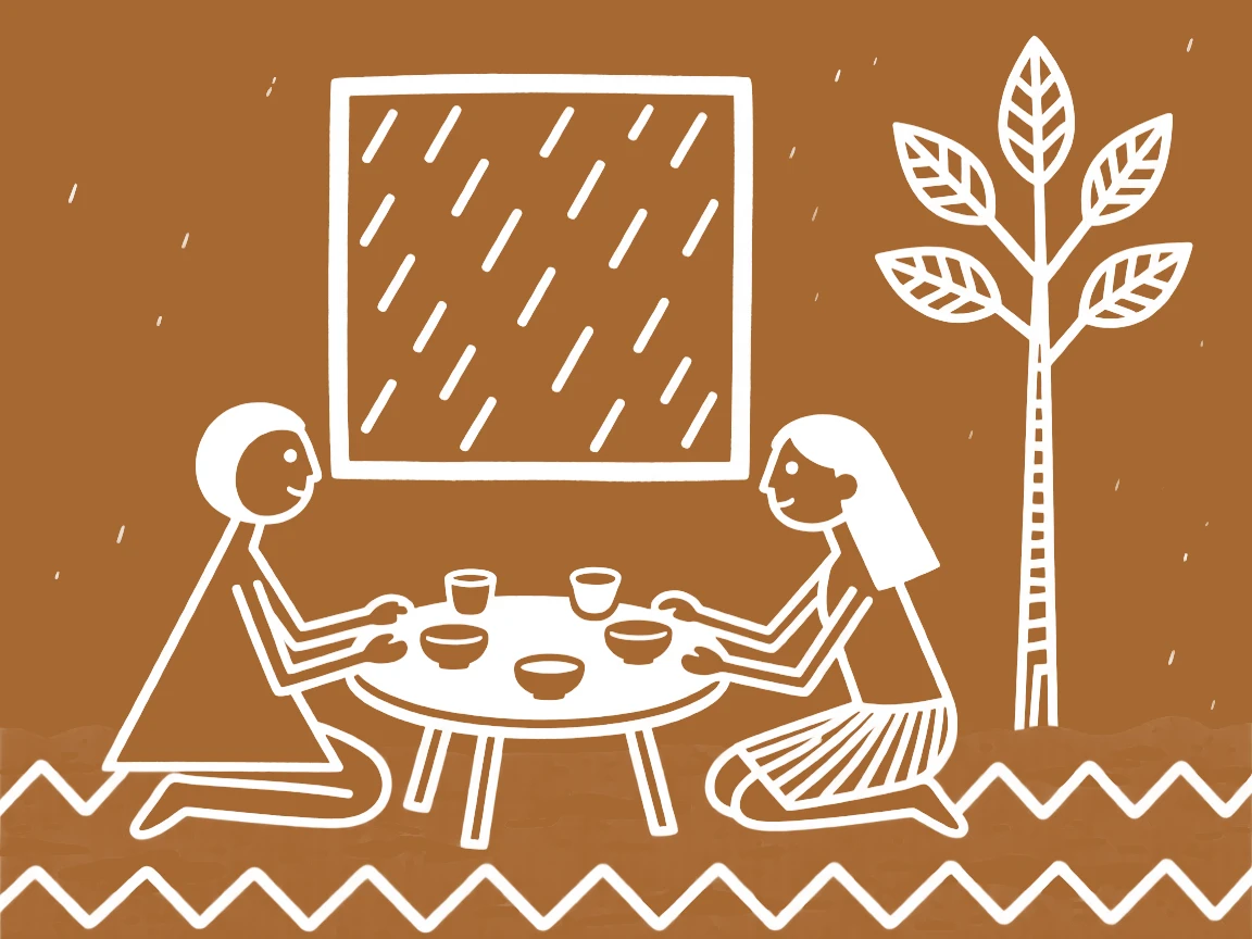 A young couple sharing a quiet meal together by a window during the monsoon.