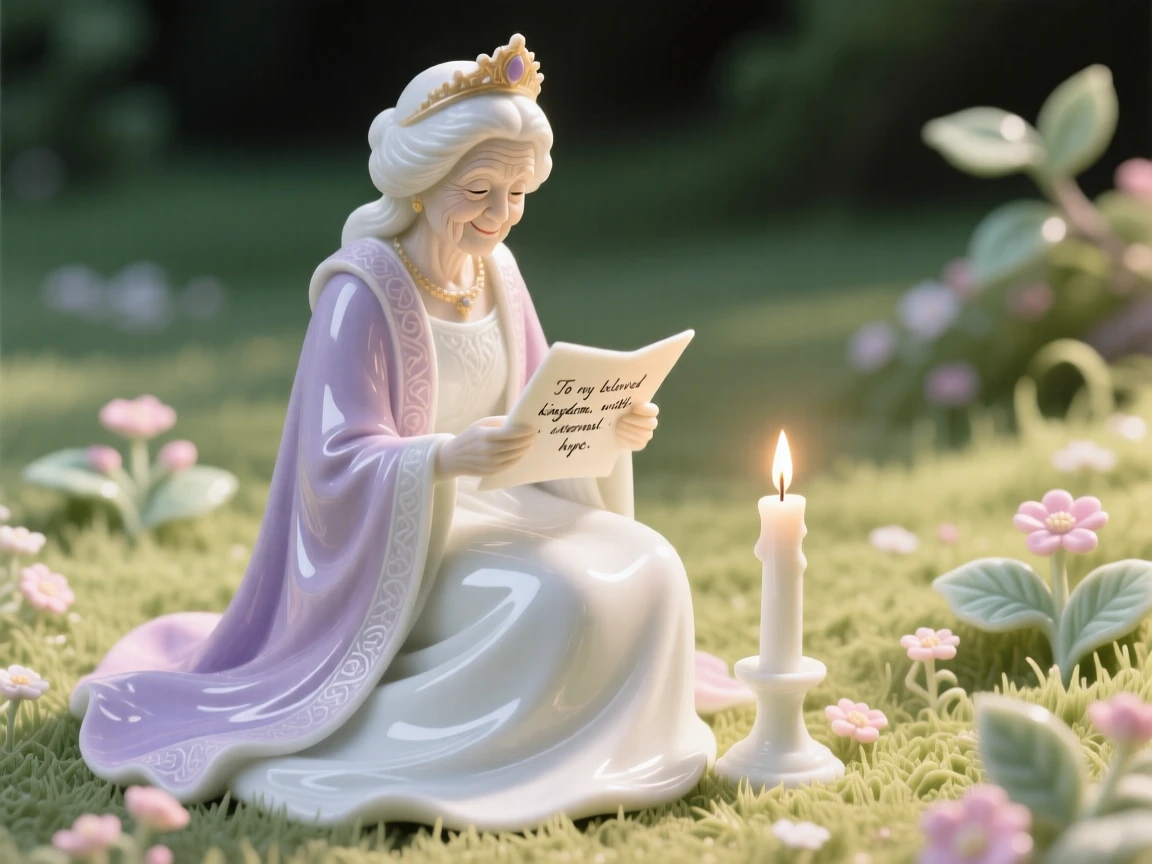 A elderly queen reading a letter by candlelight, a faint, knowing smile on her lips, in a sunlit meadow.
