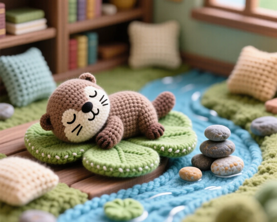a small baby otter resting on a lily pad raft with a content, drowsy smile is shown drifting lazily down a quiet stream within a quiet library reading corner with soft cushions, accompanied by a few pebbles stacked in a small pile, capturing a serene, storybook stillness.