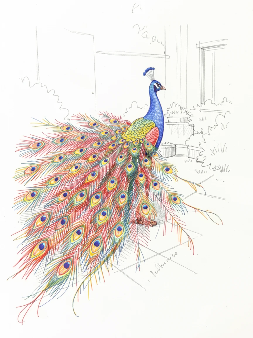 A peacock displaying its full iridescent tail feathers in a garden courtyard