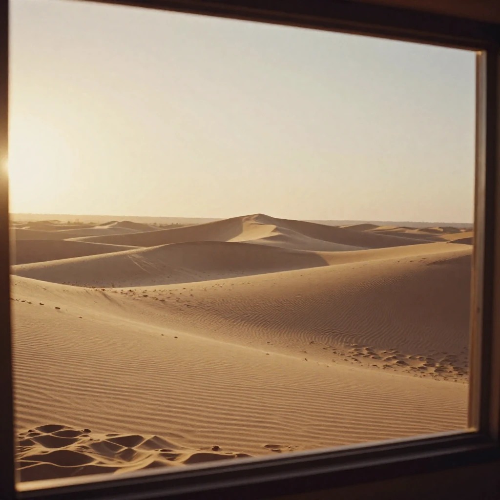 Sand dunes casting long shadows under a low desert sun, under a glowing sunset sky, as heat shimmers over the ground, in the height of summer, in warm honey and cream tones, viewed from across the room.