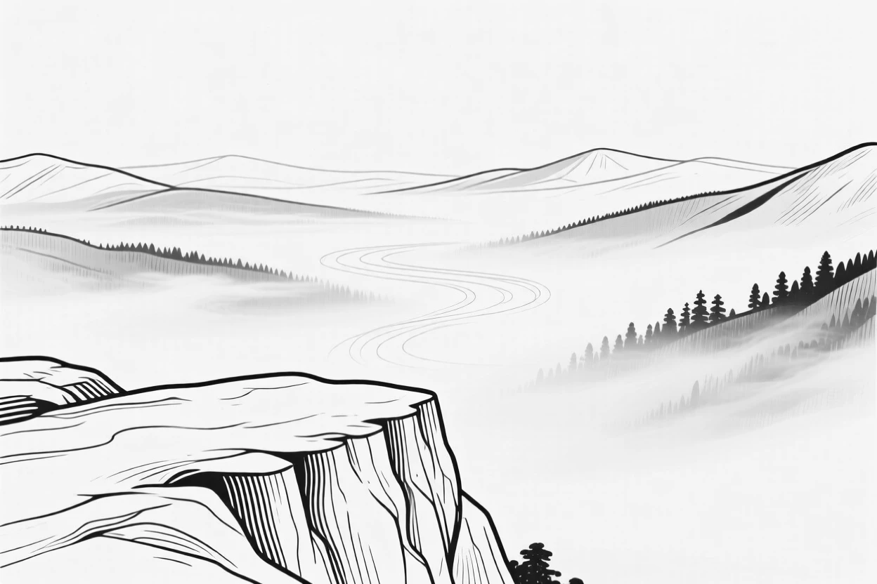 A misty valley seen from a mountain overlook