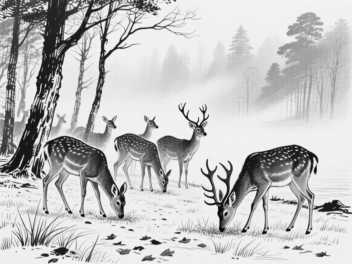 A herd of deer grazing quietly at the edge of a misty forest.