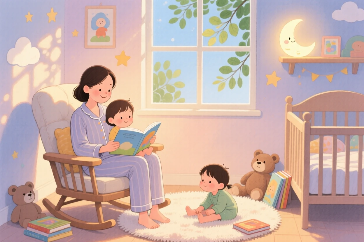A mother reading a bedtime story to her two children, in a nursery glowing with a soft nightlight, with soft afternoon light filtering through leaves, tender maternal love and comfort.