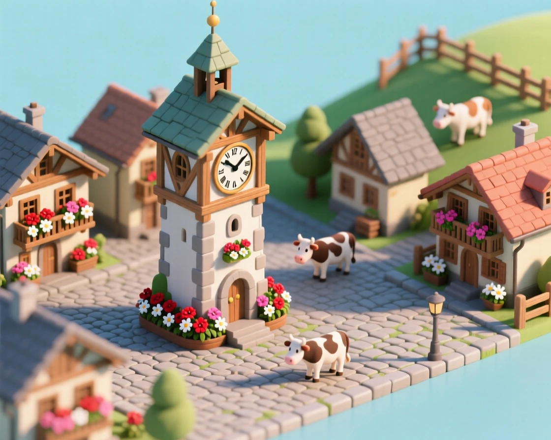 A miniature Swiss village with a clock tower chiming over a cobblestone square, chalet balconies decorated with flower boxes, and cows grazing on nearby slopes.