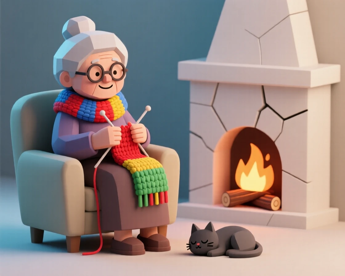 A gentle grandmother knits a colorful scarf by a crackling fireplace, a sleepy cat curled at her feet.