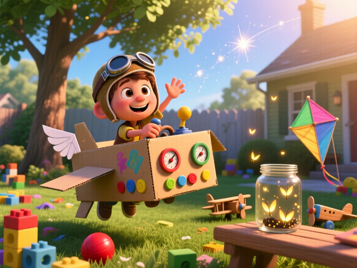 A boy piloting a cardboard-box spaceship takes place in a sunny backyard scattered with toys, with a jar of fireflies glowing softly. The atmosphere feels fun, spirited, and full of laughter.