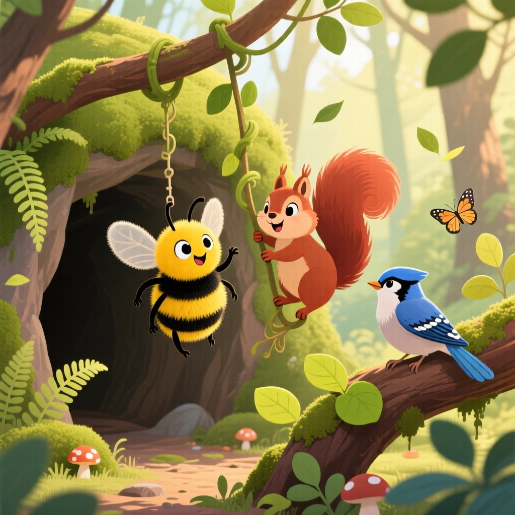 Near the mouth of a mossy cave, a fuzzy bumblebee is swinging from a vine alongside a small woodland friend, while a curious bird watches from a branch.
