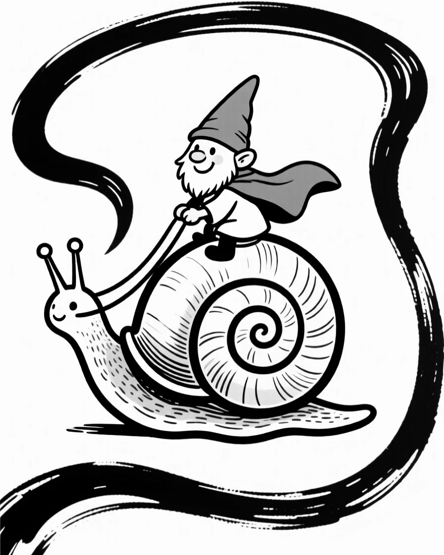 A small forest gnome character riding on the back of a snail.