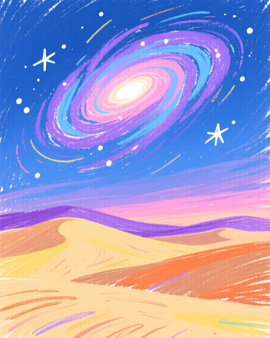 A distant spiral galaxy glowing above a quiet desert horizon.