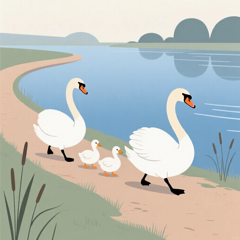 A family of swans walking together along a riverbank path.
