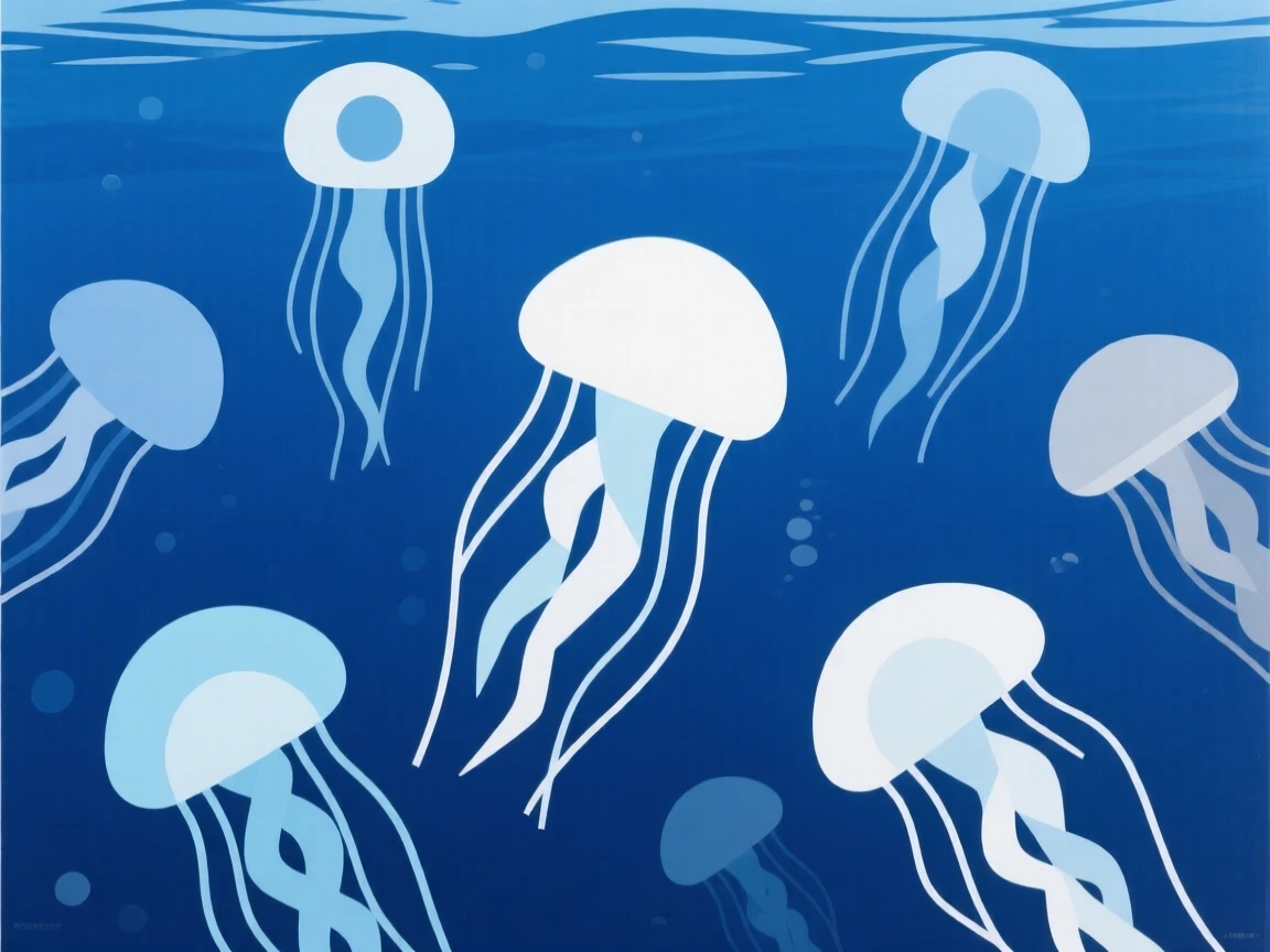 A group of jellyfish floating in deep blue water