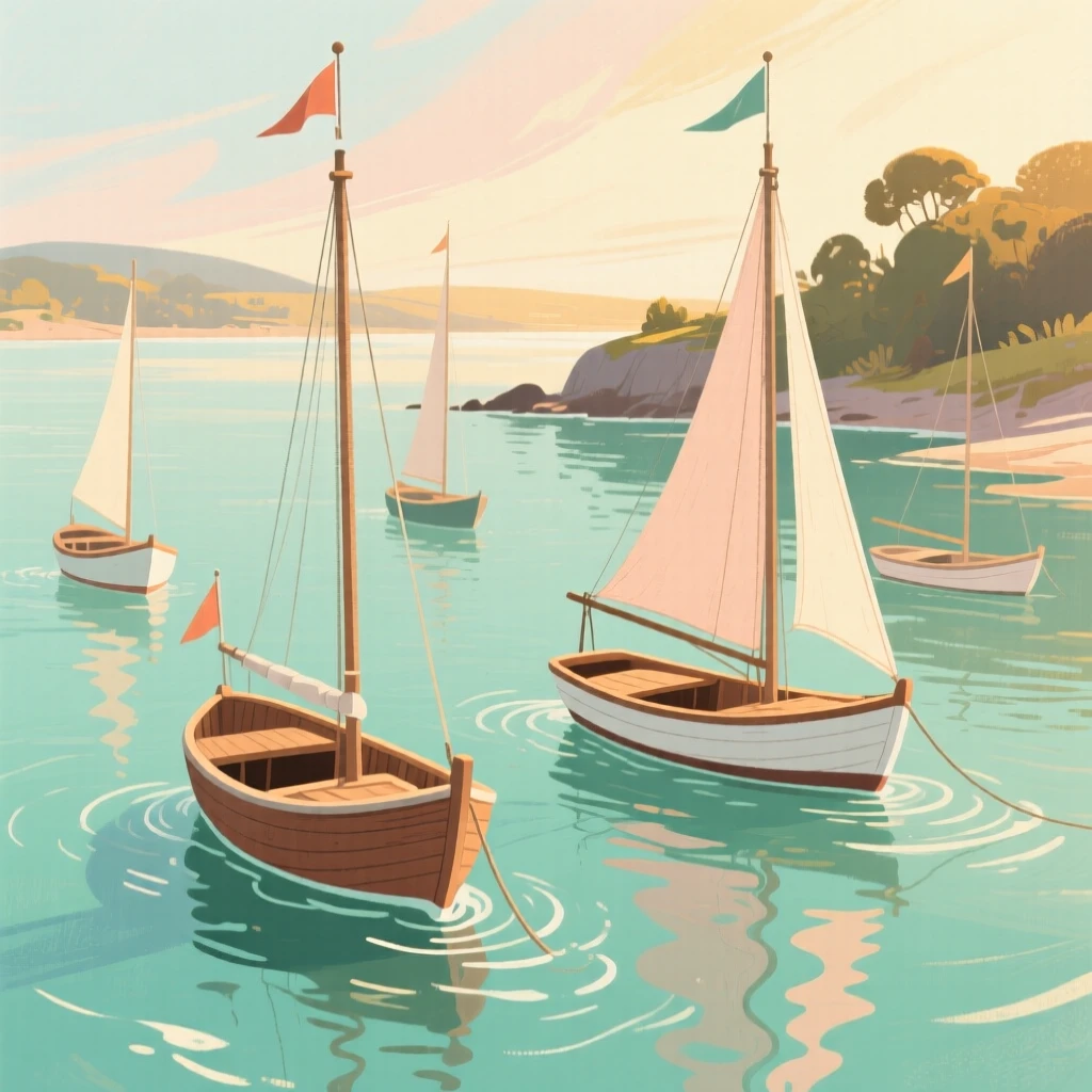 A quiet cove with fishing boats anchored in shallow turquoise water