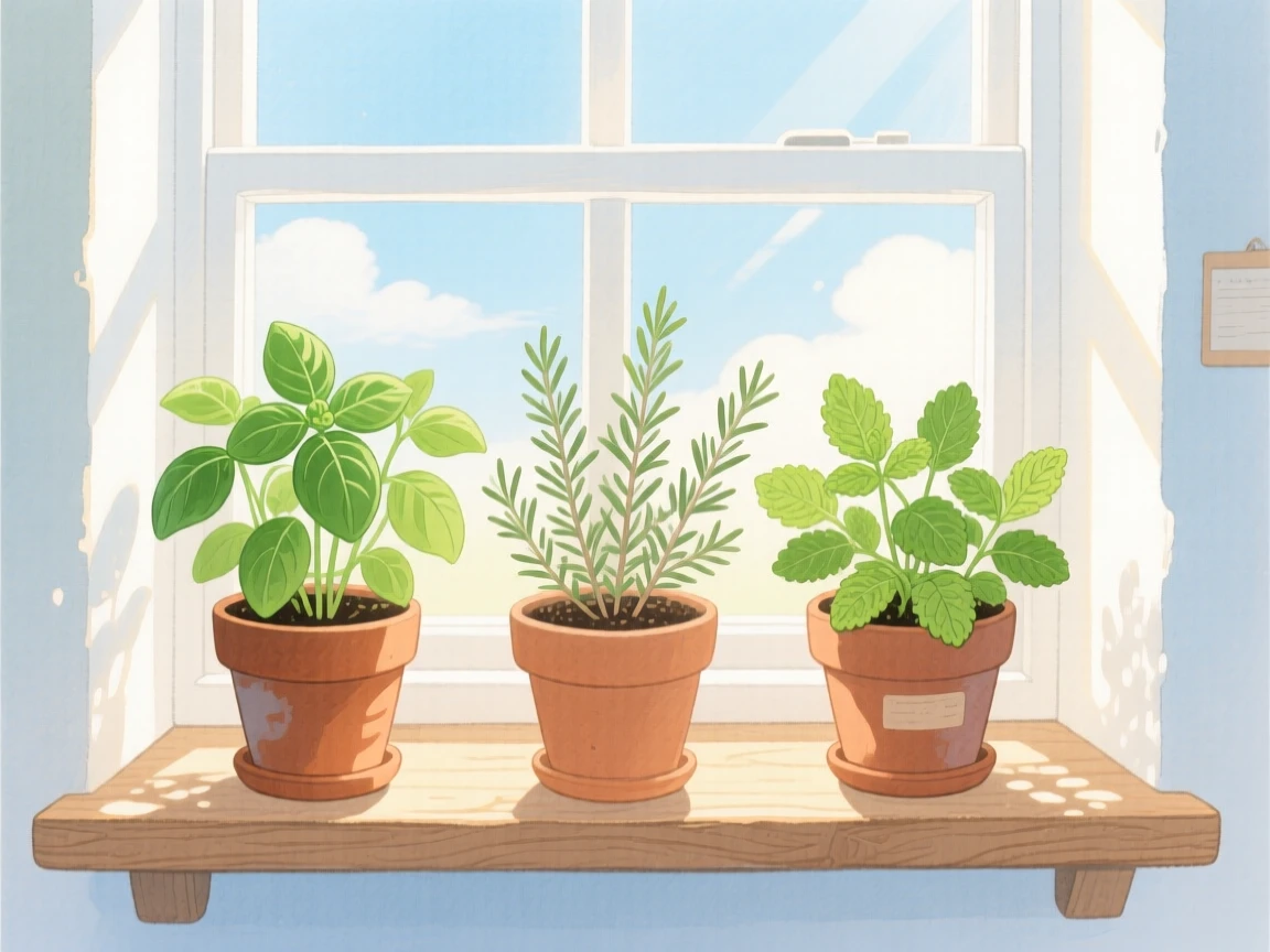 A peaceful view of a windowsill herb garden in morning light.