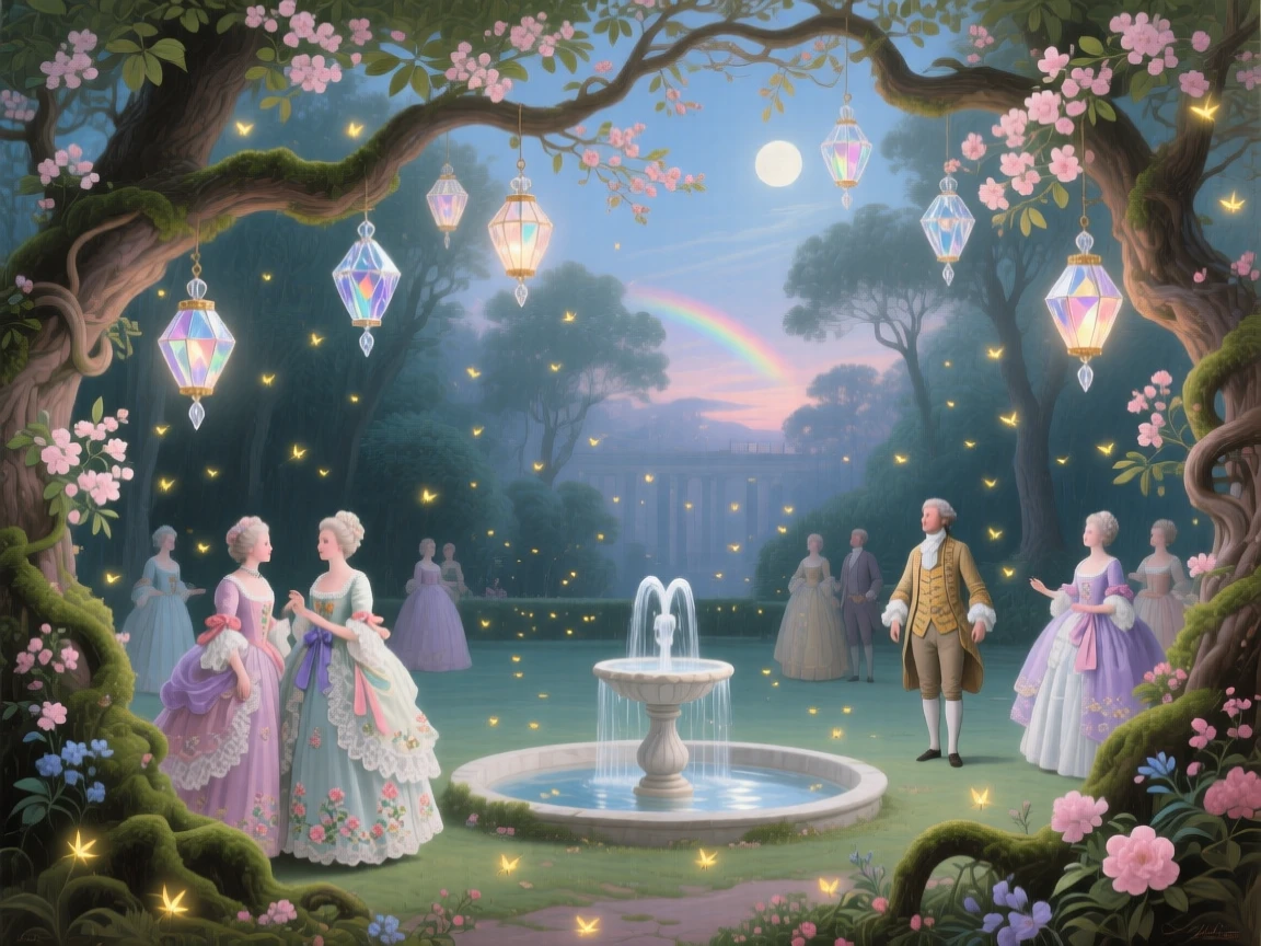 A hidden forest court illuminated by fireflies and hanging crystal lanterns  