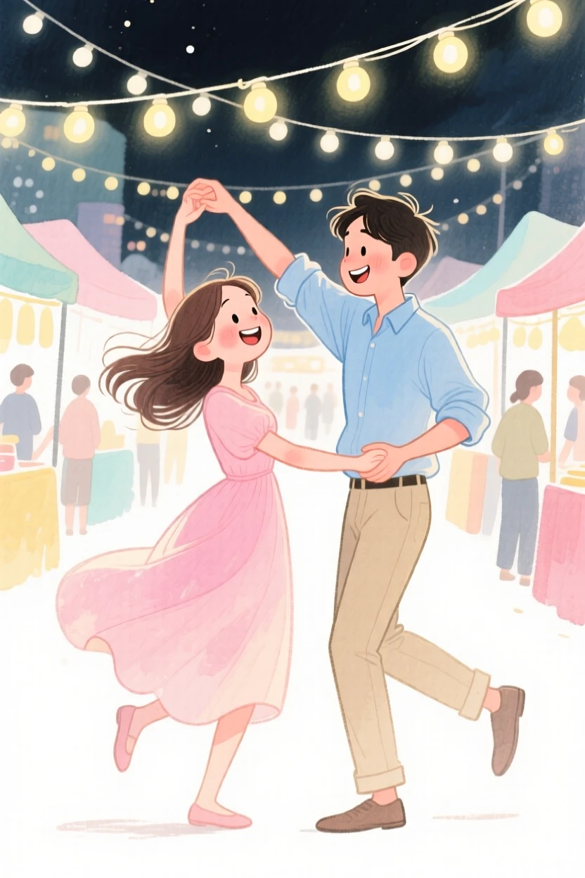 A young couple twirling together under string lights at a night market
