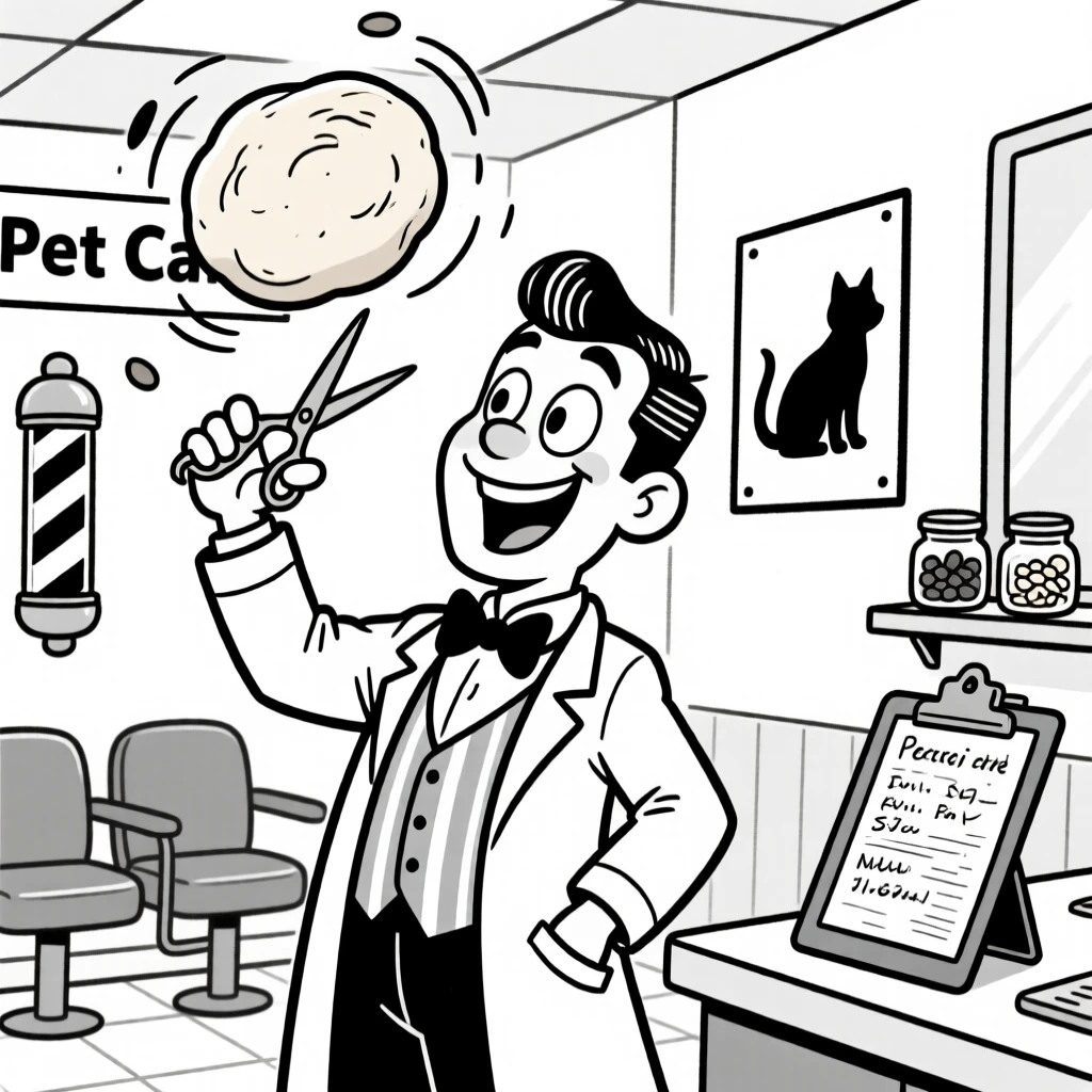 A dapper barber snipping with theatrical flair, tossing a pizza dough high into the air, set in a bright veterinary clinic. A clipboard full of illegible notes rests nearby. It's a lighthearted tribute to a job well loved.