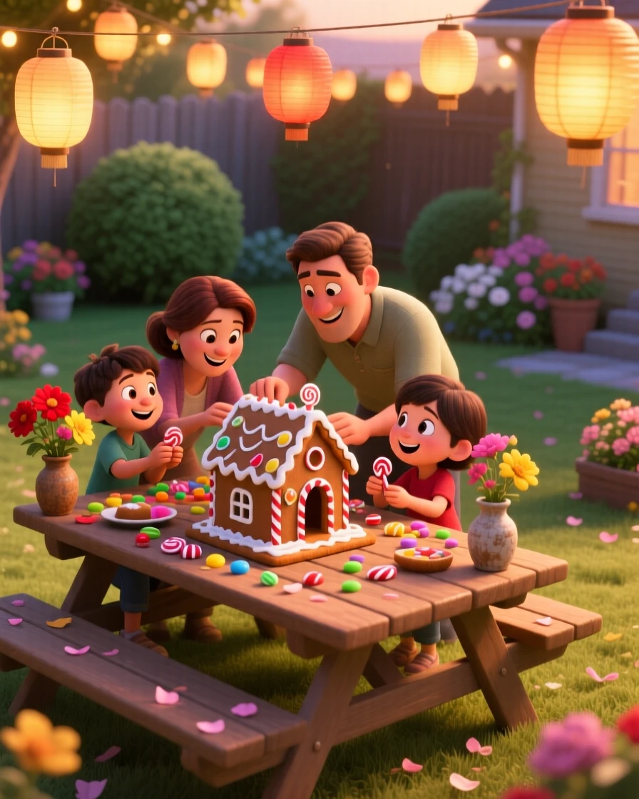A family building a gingerbread house together happens in a backyard strung with paper lanterns, with fresh flowers decorating every table. The atmosphere glows with tradition and family warmth.