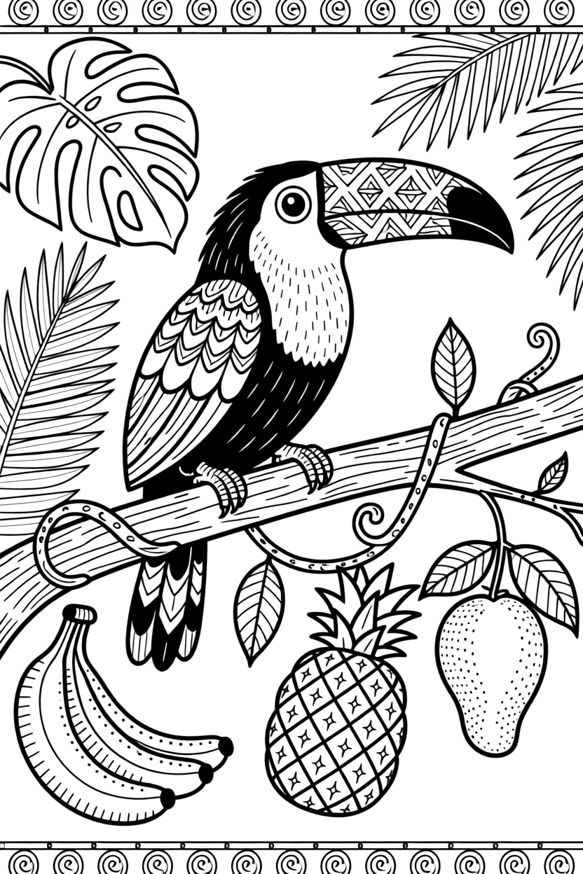 A toucan perched on a branch with a cluster of tropical fruit.