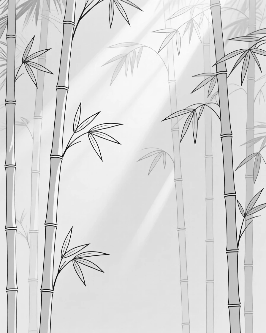 A tranquil bamboo forest with sunlight filtering through
