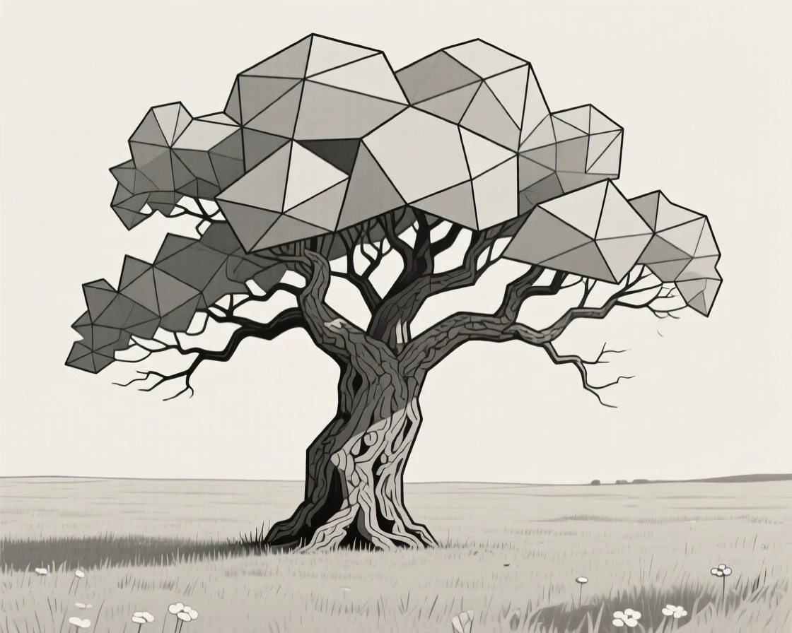 A gnarled old oak tree standing alone in a meadow