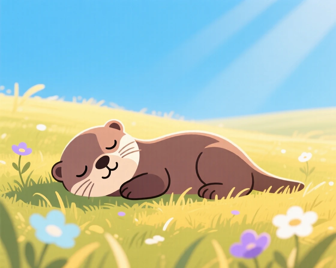 A playful otter pup napping in the sun in a sunny meadow.