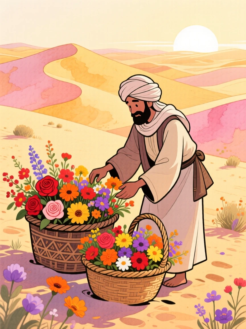 A local vendor arranges baskets of fresh flowers amid the golden dunes of the Sahara at sunrise, radiating cultural warmth and beauty.