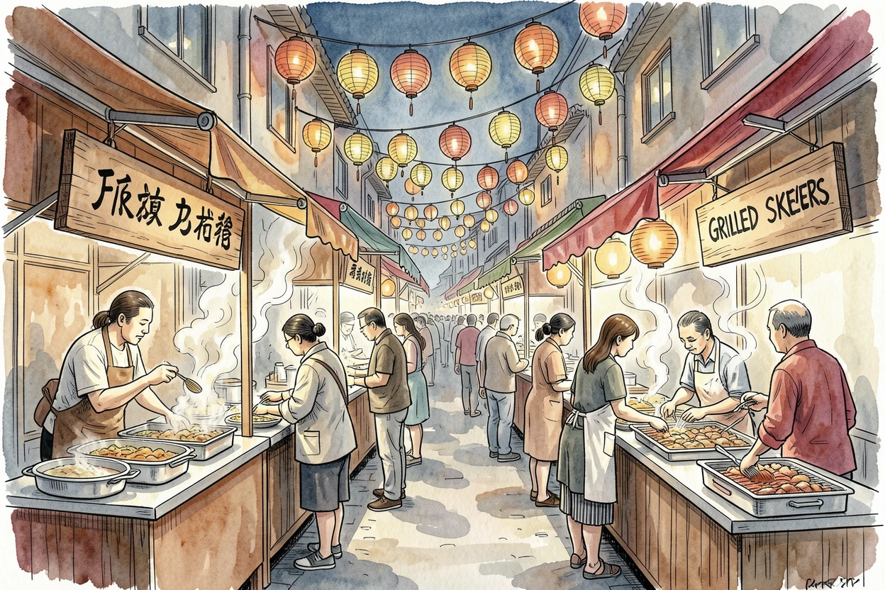 A bustling night market lit by strings of paper lanterns, steam rising from food stalls along a narrow lane