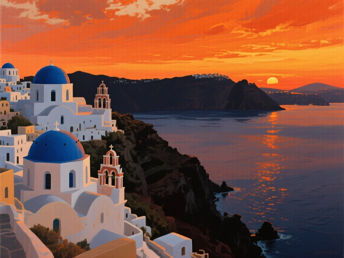 A dramatic sunset over Santorini shows whitewashed buildings with blue domes silhouetted against a fiery orange sky, the caldera stretching out below toward the darkening sea, subtle color shifts across the sky suggesting the slow passage of time within the scene.