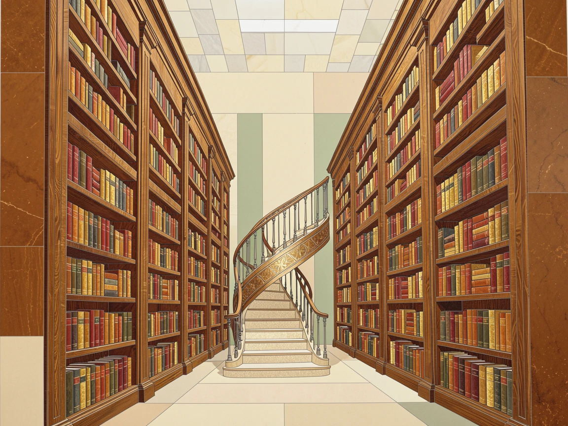 A grand old library with towering shelves and a spiral staircase.