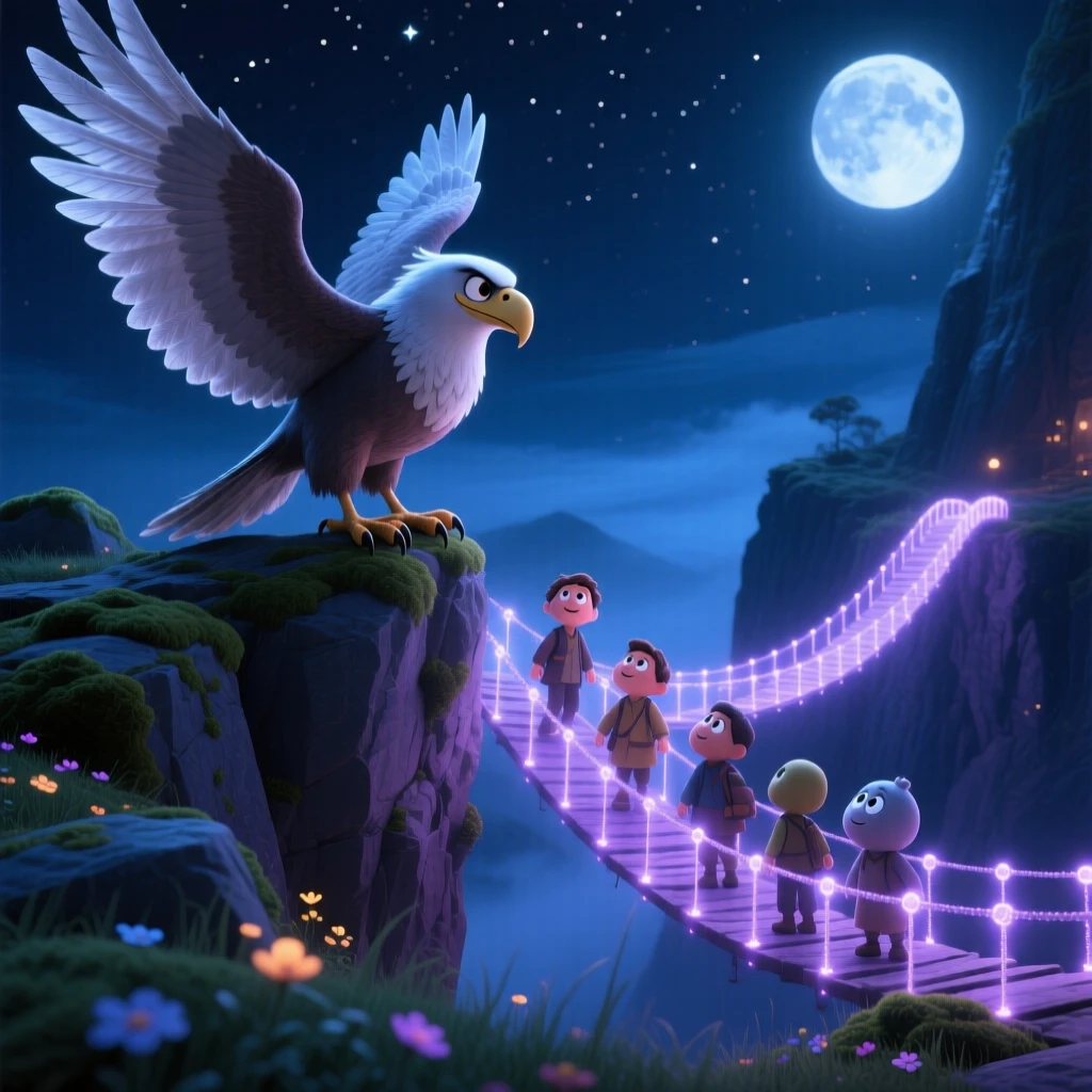 A griffin perched on a cliff stands on a bridge made of glowing moonlight, guiding lost travelers with a soft glow. The atmosphere feels mystical yet warmly inviting, with delicate wings catching the moonlight.