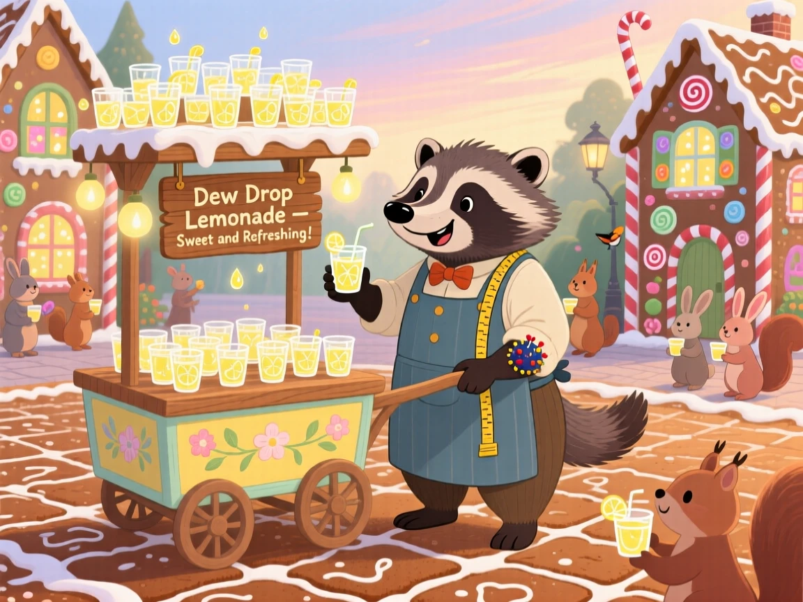 A badger tailor delights in selling tiny cups of dew as lemonade, tucked within a town square made entirely of gingerbread, with everything wrapped in a cozy, storybook charm.