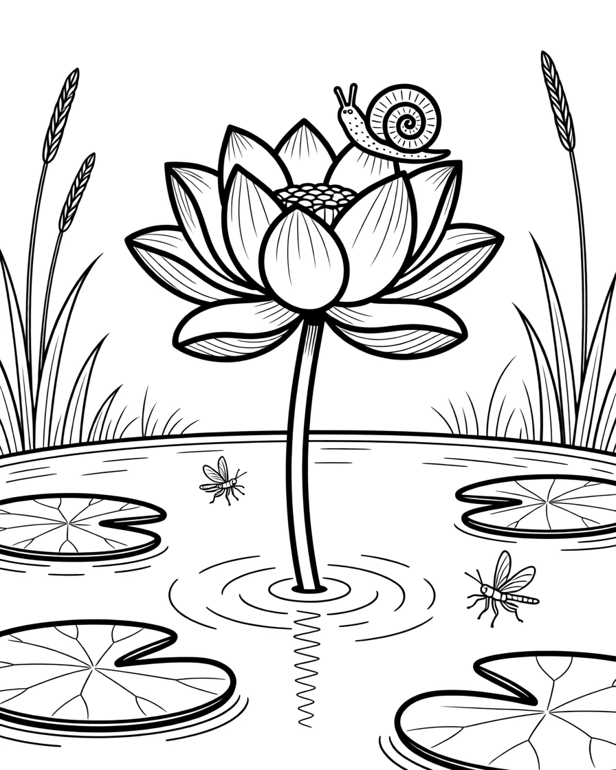 A lotus flower blooming in a still pond, with a small snail resting on a nearby stem.