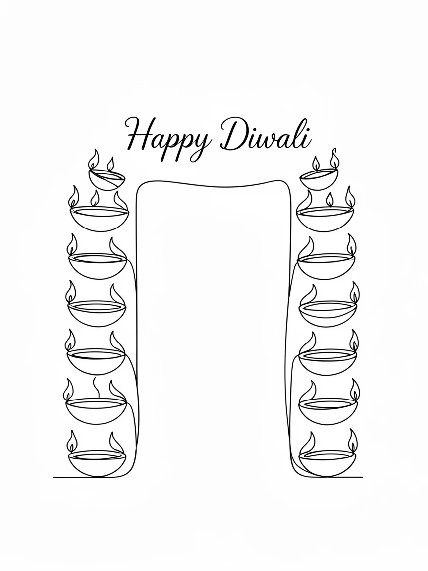 A Diwali celebration with rows of glowing oil lamps lining a doorway