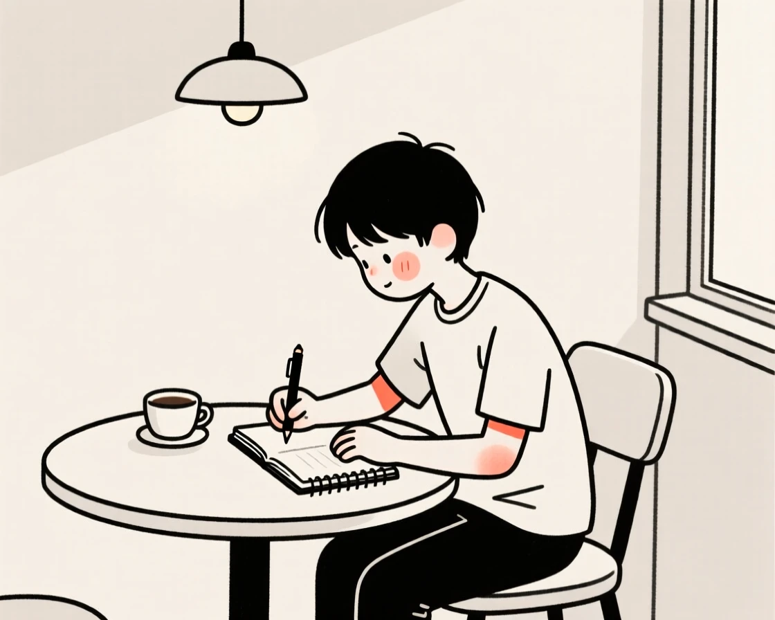 A teenager sketching in a notebook at a cafe.