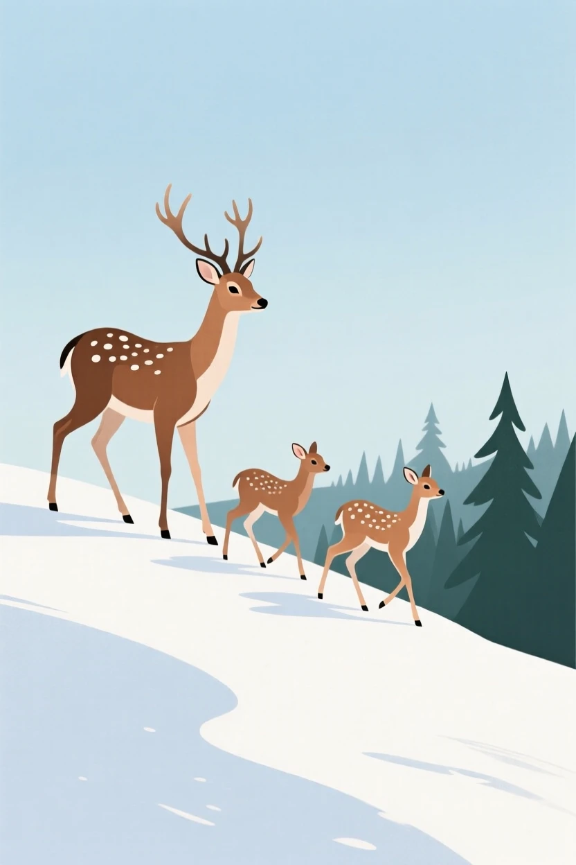A family of deer walking together along a snowy ridge.