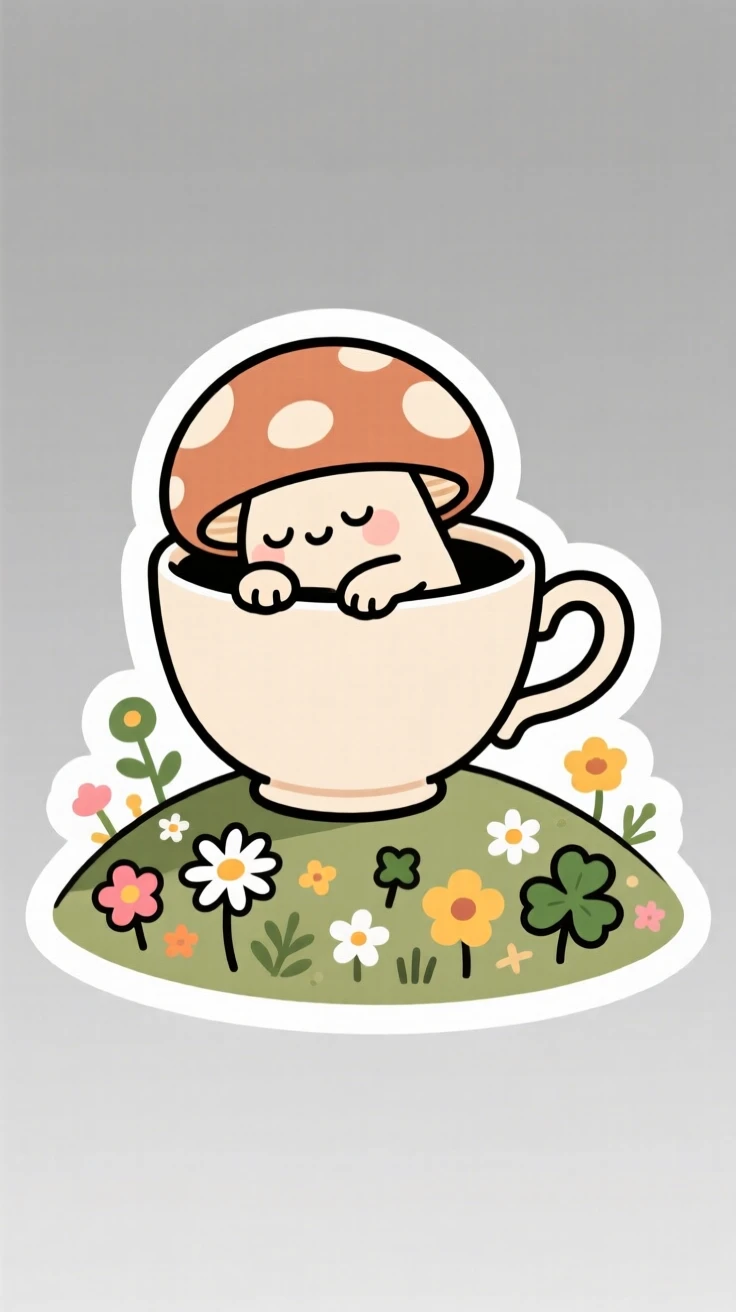 A gentle tiny mushroom creature napping inside a teacup, atop a hill covered in wildflowers.