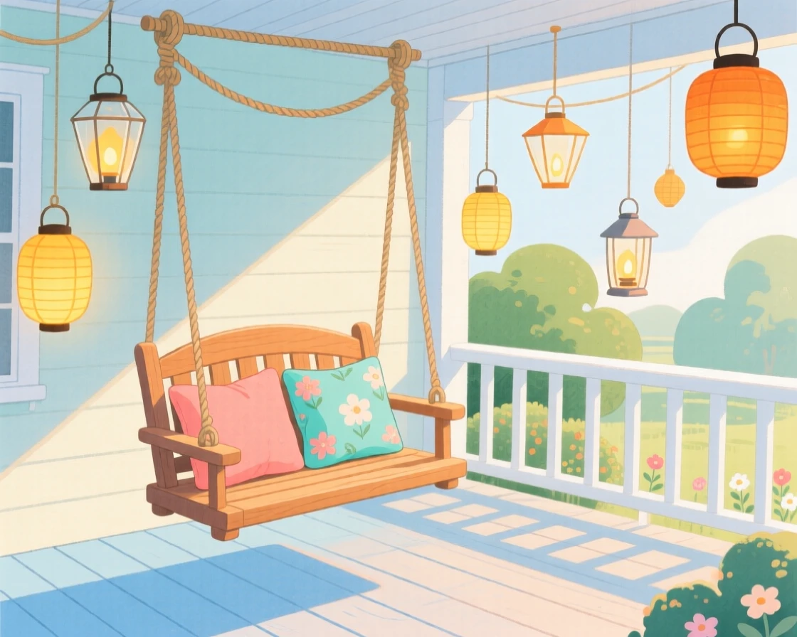 A porch swing surrounded by hanging lanterns, warm and inviting on a quiet afternoon.